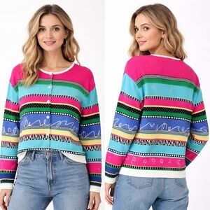 VINTAGE FISHER HILL Cardigan Sweater Womens Large Colorblock Whimsical Artsy 90s